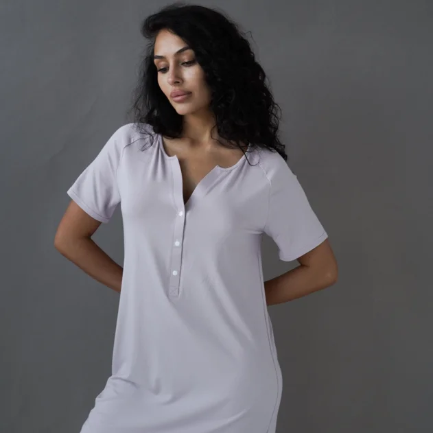 Viscose Nightdress with Sleeves and Button Placket (24190) Powder